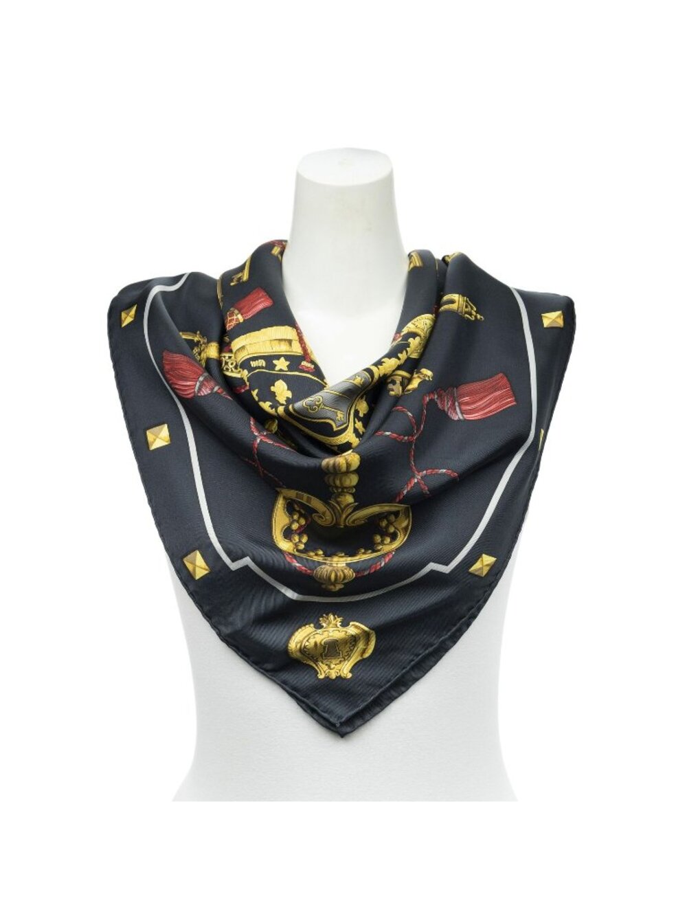 Hermes Scarf Black Gold Red Twill Silk